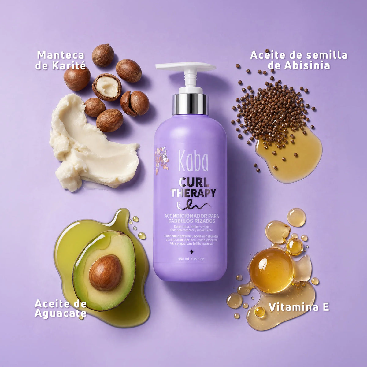 Acondicionador para Rizos Kaba Curl Therapy 450 mL | Libre de Siliconas con Péptidos Vegetales, Chía y Manteca de Karité - Desenreda, Nutre y Controla el Frizz