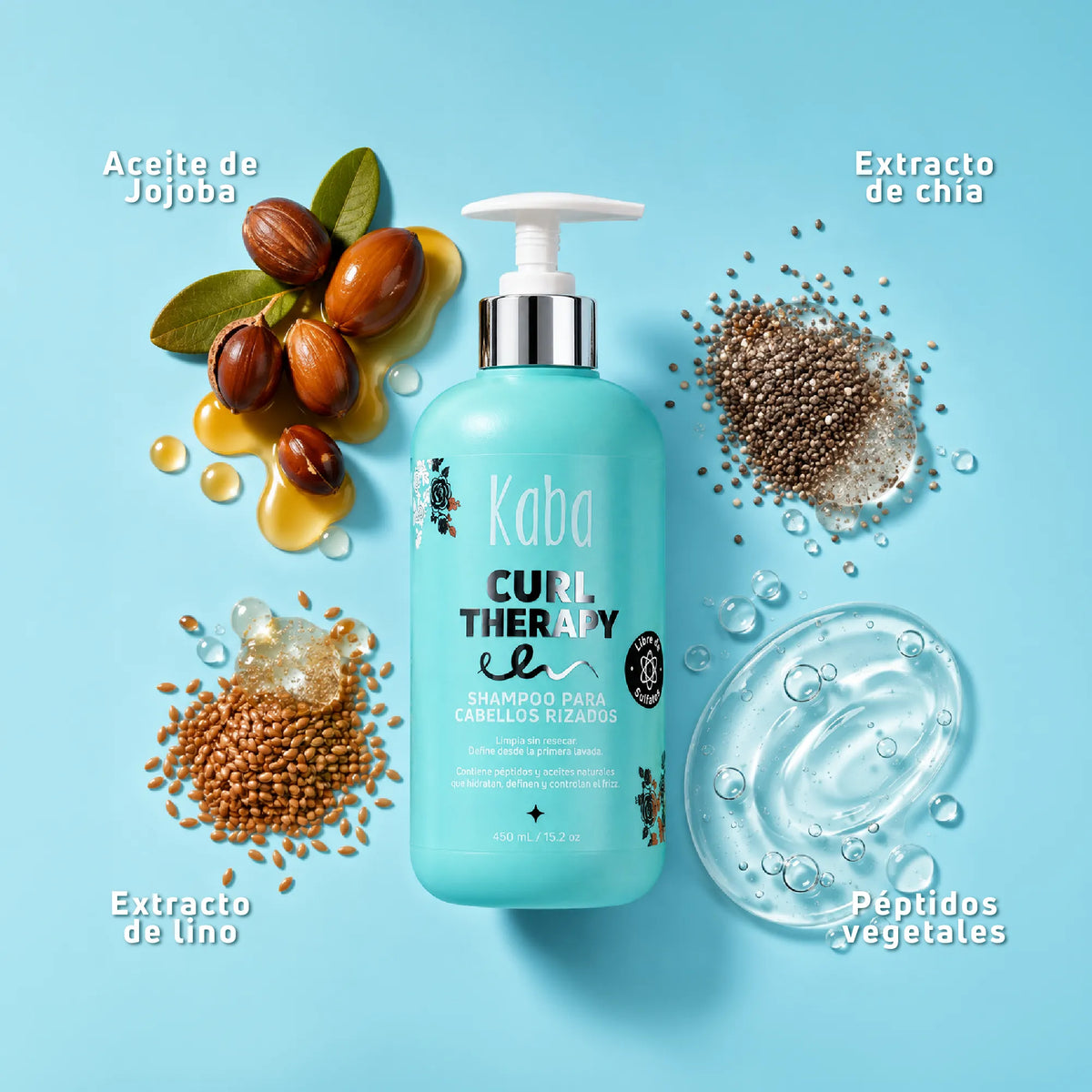 Shampoo Hidratante para Rizos Kaba Curl Therapy 450 mL | Sin Sulfatos con Péptidos Vegetales, Chía y Lino - Anti-Quiebre y Máxima Definición