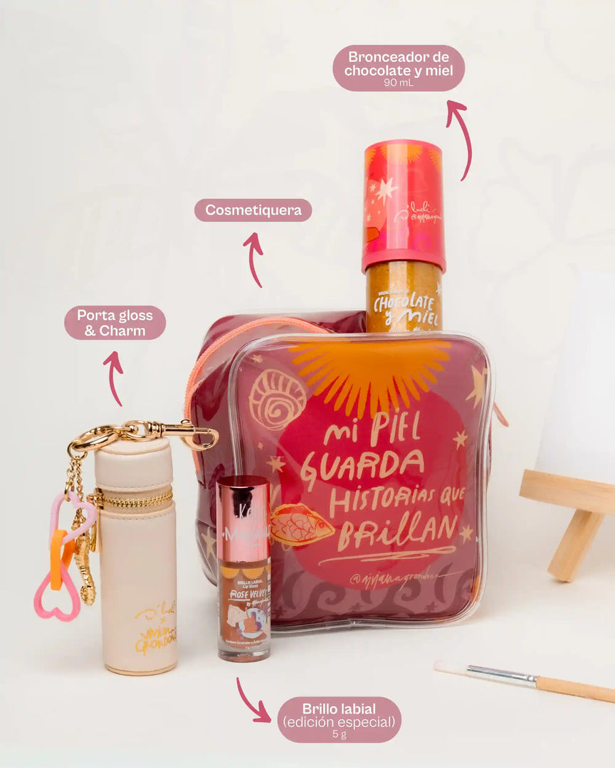 Kit "Mi Brillo Mi Historia" | Viviana Grondona x Kaba y D'Luchi: Bronceador, Brillo Labial y Cosmetiquera - Edición Limitada